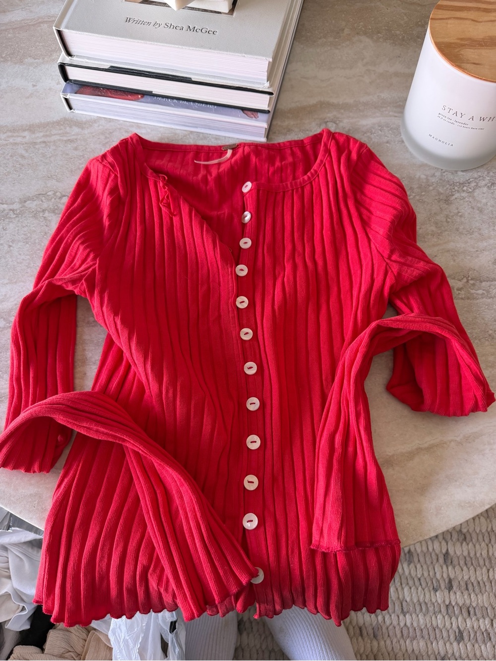 Free People Ribbed Button-Front Top in Vibrant Red